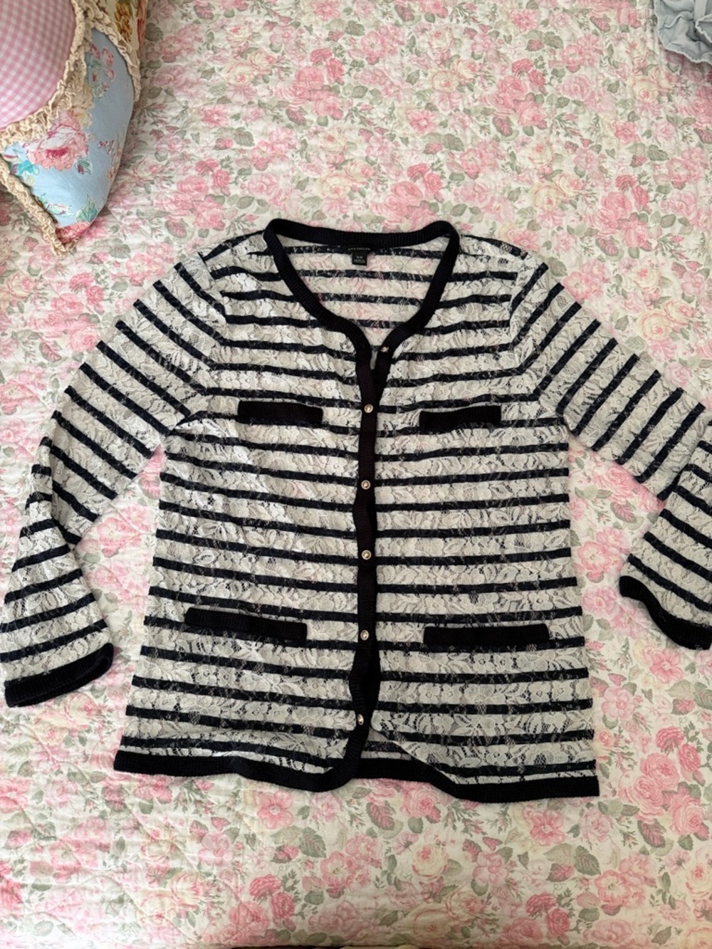 Ann Taylor Navy blue  and White Striped Lace Cardigan